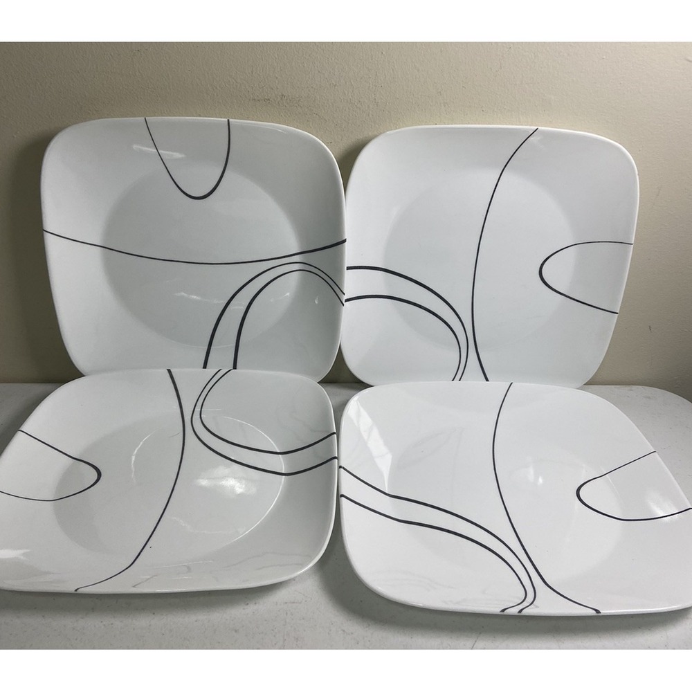 Corelle SIMPLE LINES Square Dinner Plates 10 1/2" Black & White set of 4
